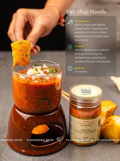 This image details the tasting notes and process behind my Pav Bhaji Masala. It's spicy, tangy, and slightly sweet, with all spices sun-dried and ground at low temperatures to preserve their natural oils and aroma.