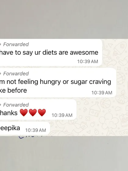 A client thanks the team, sharing that she no longer feels hungry or has sugar cravings.