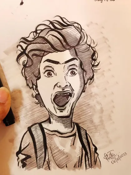 This caricature captures a moment of pure shock and fun. Expressive faces are the most entertaining to draw.