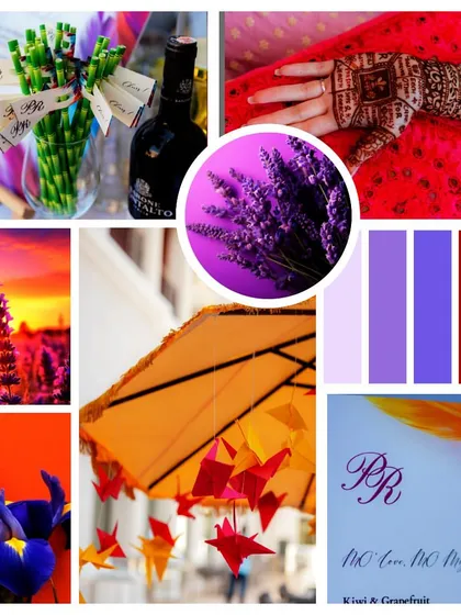 An example of a vibrant mehndi mood board we created. This is the first step in our creative process, where we translate a client's vision into a cohesive palette of colors, textures, and ideas.