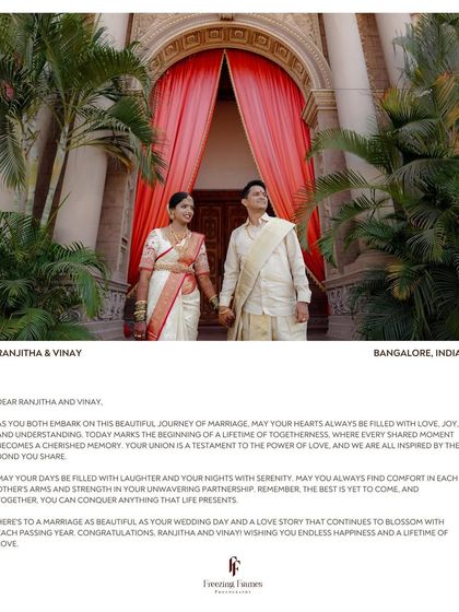 A grand photo of the couple with a letter of congratulations, celebrating their union in Bangalore.