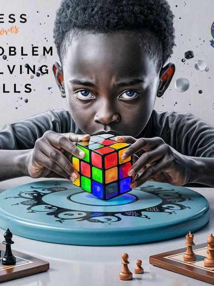 Chess improves problem solving skills. This image visually connects the challenge of a Rubik's Cube to the strategic problem solving required in chess.