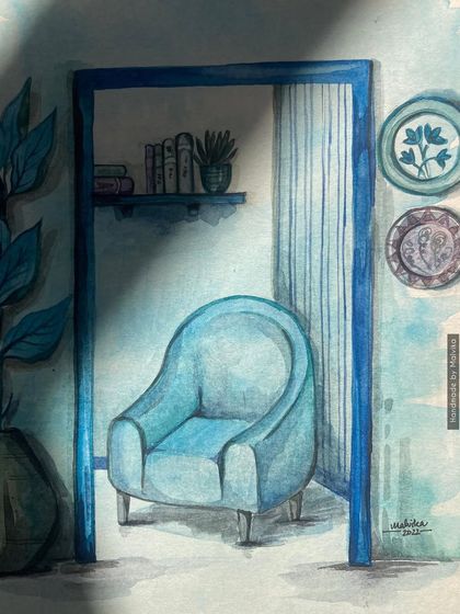 A watercolor painting of a quiet reading corner, bathed in sunlight. This piece, titled 'Pause', is about finding a moment of peace in a cozy, sunlit room. The monochrome blue palette creates a calm and serene atmosphere.