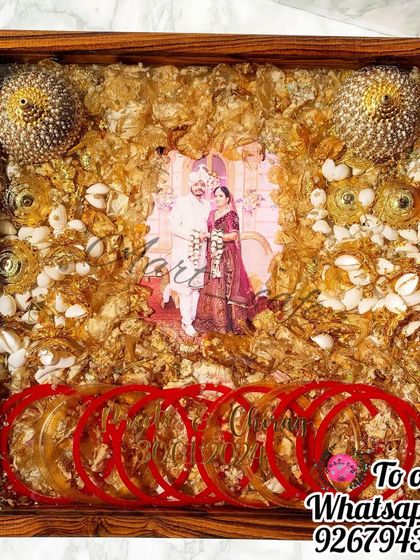 Another view of the chooda and kaleera preservation frame, showing the beautiful arrangement of all the wedding elements.