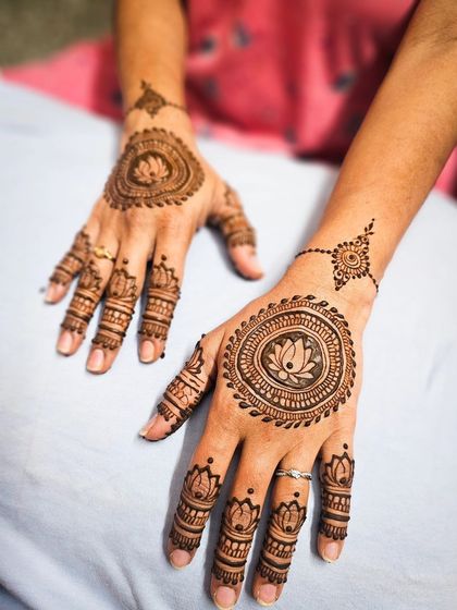 This design features beautiful lotus mandalas on the palms with simple, clean finger and wrist details.