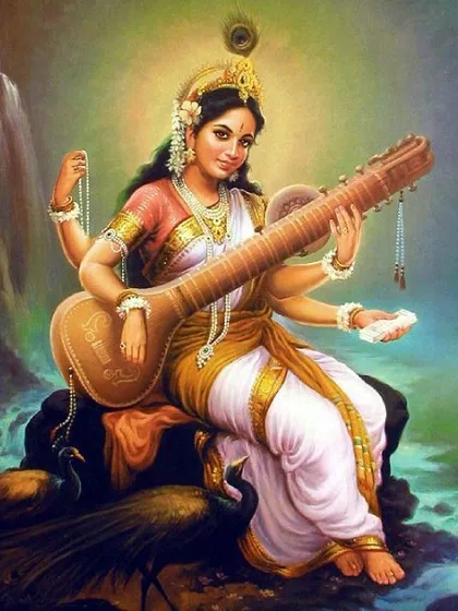 The veena in Goddess Saraswati's hands represents the harmony of knowledge and creativity. Her blessings are essential for anyone seeking to master an art form or gain deep wisdom.