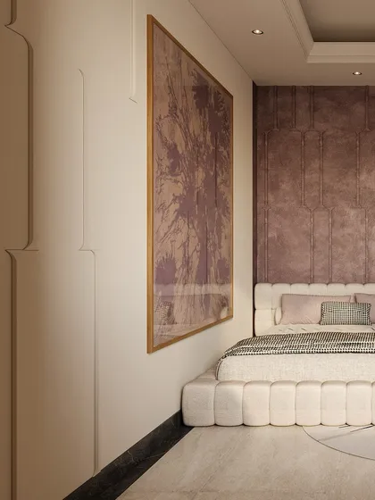 A detail shot showing the large, abstract lilac artwork that brings a gentle pop of color and personality to the room.
