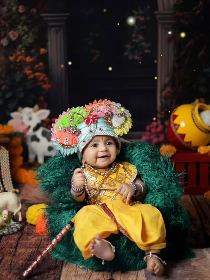This happy baby boy is enjoying his role as Krishna, surrounded by festive props and a beautiful backdrop.