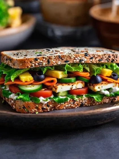 Our Veg Paradise Sandwich is exactly what it sounds like. It's packed with a colorful assortment of fresh vegetables, paneer, and a light dressing on multigrain bread, making it a perfect high-fiber, low-calorie lunch.