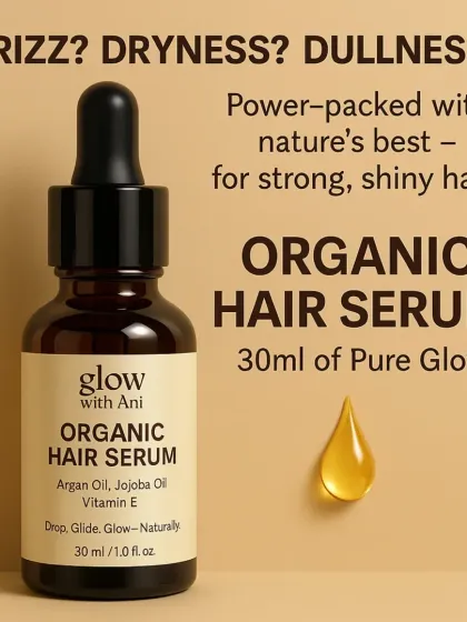If you are tired of frizz, dryness, and dull hair, my Organic Hair Serum is for you. It is power packed with Argan oil, Jojoba oil, and Vitamin E to give you strong, shiny hair naturally. Just a few drops are enough.