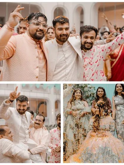 Haldi is all about celebrating with your loved ones. This collage captures the groom having fun with his friends and family, and the bride being showered with petals by her bride tribe.