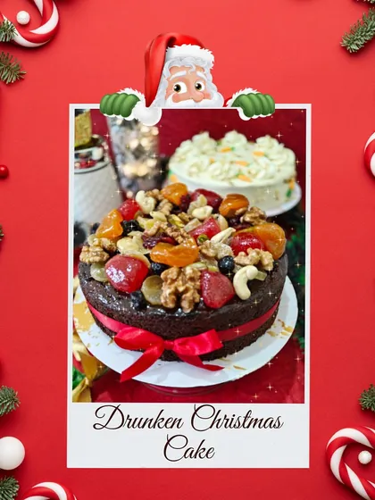 Get into the holiday spirit with our traditional Drunken Christmas Cake. This rich, moist fruitcake is generously loaded with rum-soaked fruits and premium nuts, making it a perfect centerpiece for your festive celebrations.