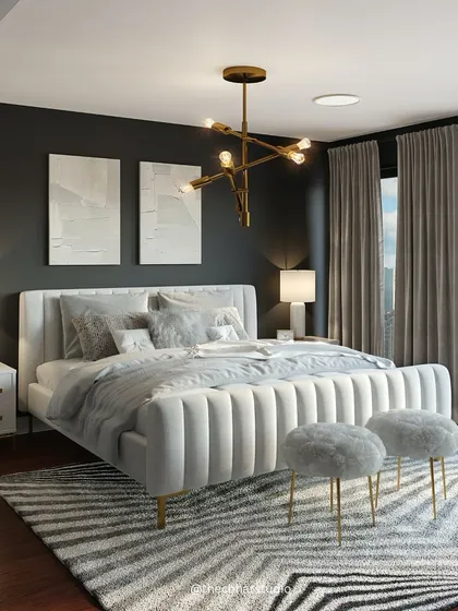Here, I created a dramatic yet cozy bedroom by pairing a dark charcoal wall with a plush, white channel-tufted bed. The metallic accents in the chandelier and furniture legs add a touch of glamour, while large windows keep the space feeling bright and airy.