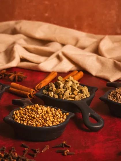 A variety of whole Indian spices in dark bowls against a rich, textured red background. The deep shadows and warm tones evoke a sense of tradition and culinary heritage.