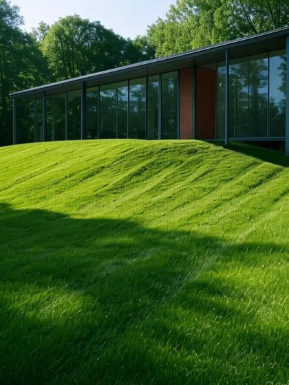 A glass house set against a rolling green hill, showcasing how modern structures can complement rather than dominate a natural setting. This principle guides our site planning for custom garden rooms.