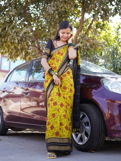 Sudha mam looking graceful in the pure Mysore crepe digital print saree, paired perfectly with a black contrast blouse.