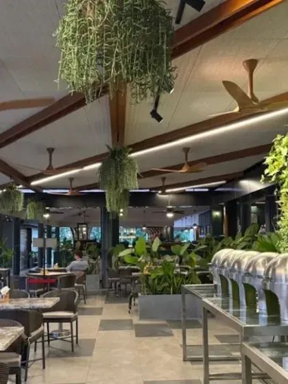 This view shows the combination of a vertical garden and hanging plants at the KGA cafe. This multi-layered approach to greenery creates a rich, immersive environment that feels both expansive and cozy.