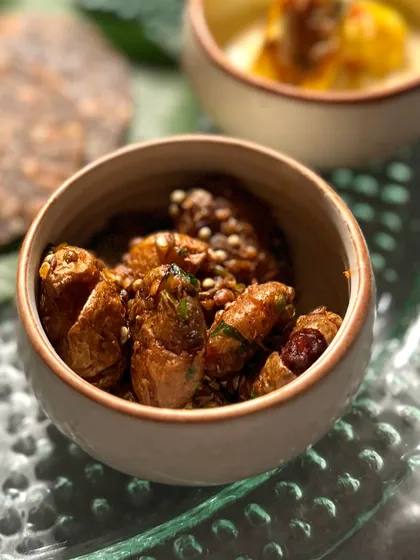 A close-up of one of the savory dishes from our Navratri Thali. Each item is thoughtfully prepared to be both delicious and appropriate for the festive period.