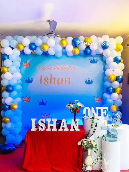 A simple and sweet prince theme with a blue backdrop and a white and gold balloon frame.