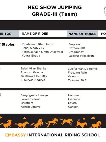 The team results from the NEC Show Jumping Grade III event. My team secured a podium finish, showcasing their collective strength and skill.