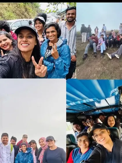A collage of happy moments from our Chikmagalur trip, showcasing the fun group dynamics and beautiful scenery.