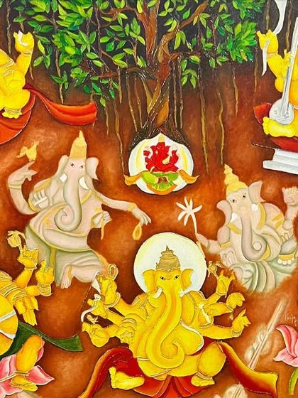 A detailed shot of the multi-armed Ganesha painting, showcasing the rich color and texture achieved with oil paints. This piece highlights advanced composition and character depiction.