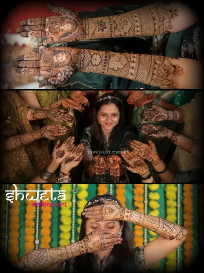 A collage capturing the beautiful moments of a bride and her bridesmaids. It shows close-ups of their coordinated mehendi and the fun they had during the ceremony.
