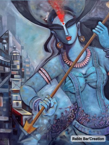 A powerful depiction of the goddess for Shubha Vijaya, this 30x40 inch acrylic on canvas shows her in a modern, urban setting.