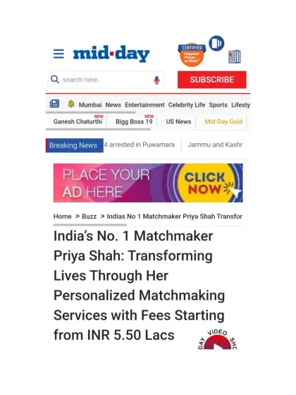 Mid-Day featured my personalized matchmaking services, recognizing me as India's No. 1 Matchmaker. The article discusses how my bespoke approach, with packages designed for different client needs, transforms lives by creating lasting unions.