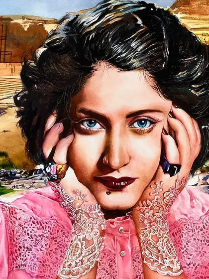 Another detailed shot of the Asmahan painting, showing the full composition of her portrait against the pyramids and the Nile.