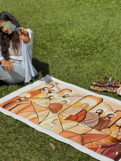 Recreating Leonardo da Vinci's "The Last Supper" was an incredible journey. I developed my own modern, geometric style to interpret this timeless story of faith and emotion. This large 2.5 by 4 ft canvas was a commission, and I loved bringing a fresh perspective to such an iconic work.