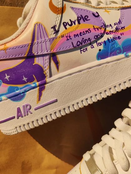 A close-up of the "I purple you" quote on the second BTS custom. It's these little personal touches that make a custom pair special.