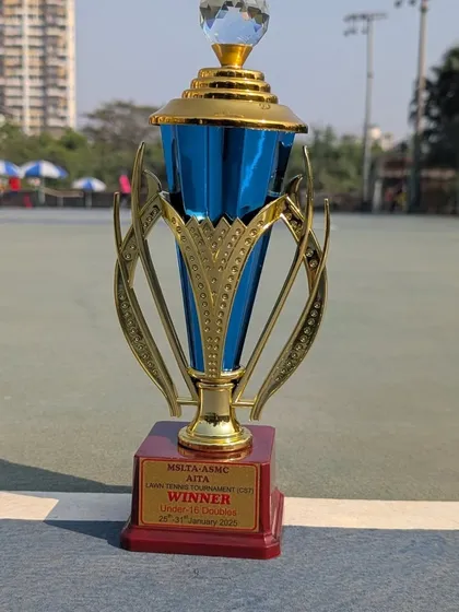 The winner's trophy for the All India Championship Series Under 16 Doubles, won by our trainee Aarav Chhallani.