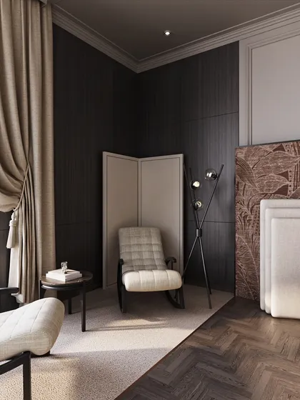 Another view of the reading nook, showing the contrast between the dark walls and the light-colored furnishings. The space feels refined and deeply layered.