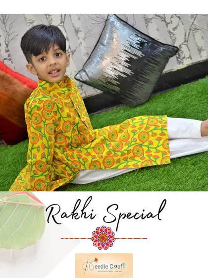 A playful shot of the yellow printed kurta set. I always ensure my designs allow kids to be kids, with comfortable fits and durable stitching that can handle their energy.