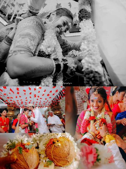 A collage that captures the key emotional beats of a wedding ceremony, from a black and white candid moment to the colorful tying of the coconuts.