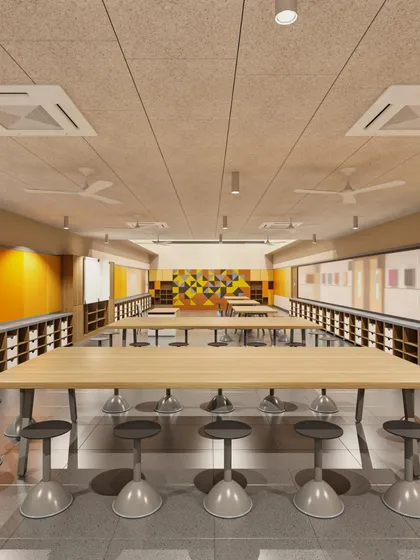 An art and craft room at Euro School, Airoli, with long tables and ample storage. The space is designed to be practical and flexible, supporting a wide range of creative activities.