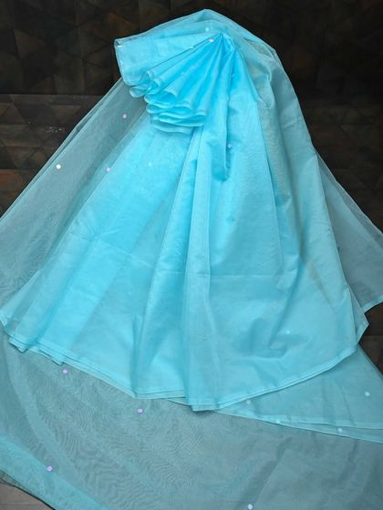 A bright sky-blue organza saree with delicate pearl work. This saree is light, airy, and has a beautiful translucent quality that is perfect for daytime parties.