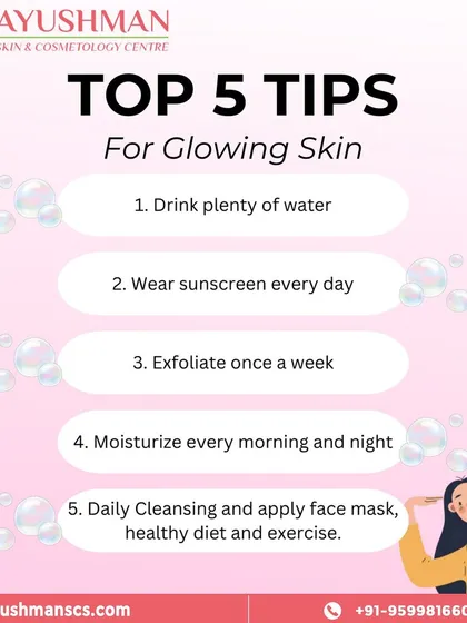 This graphic lists my top 5 tips for glowing skin, including drinking plenty of water, wearing sunscreen, exfoliating weekly, and moisturizing daily.