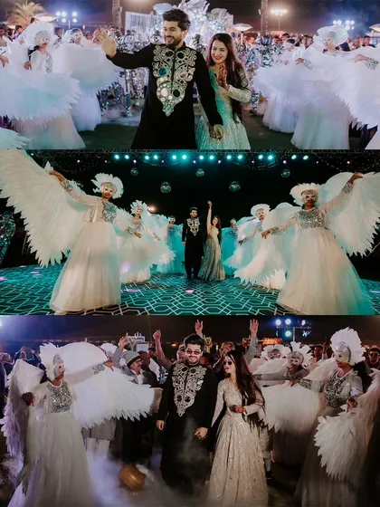 A spectacular Sangeet entrance with dancers dressed as angels, creating a magical and theatrical atmosphere for the couple.