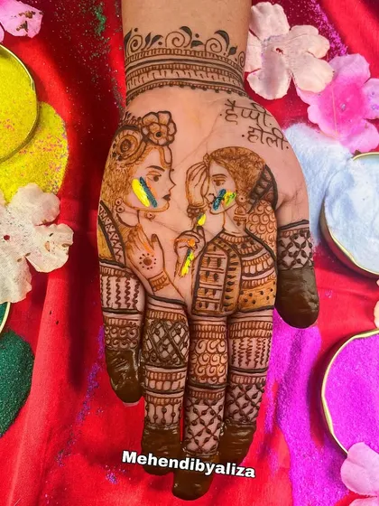 A playful and colorful mehendi design for Holi, featuring Radha and Krishna with splashes of color.