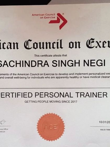 My renewed Certified Personal Trainer certificate from the American Council on Exercise, valid through 2021.