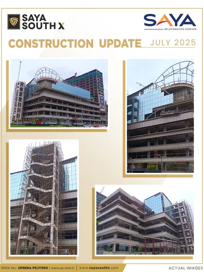 This collage from the July 2025 update shows various angles of the exterior construction at Saya South X. It highlights the complex architectural details and the scale of the project as it nears completion.