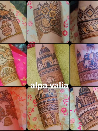 A collage of various bridal startup or arm band designs, showcasing a range of motifs from elephants to architecture.