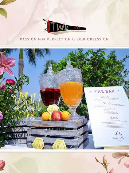 Our elegant beverage dispensers filled with Wine Sangria and fresh juices, a perfect addition to a sunny Haldi brunch.
