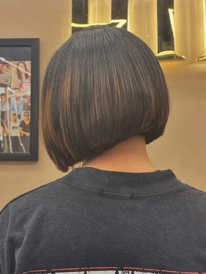 A precision bob haircut paired with subtle, warm highlights. This back view shows how carefully placed color can enhance the shape of a short haircut, adding texture and dimension for a chic, polished finish.