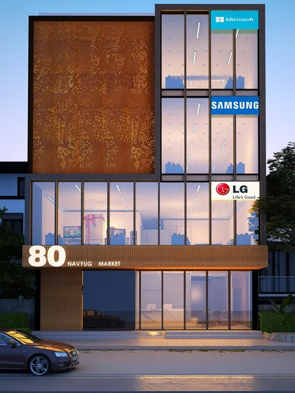 This is a 3D visualization for a modern commercial office building in Navtug Market. The design features a glass curtain wall for maximum natural light and a striking corten steel panel, creating a professional and contemporary identity for a multi-tenant corporate space.
