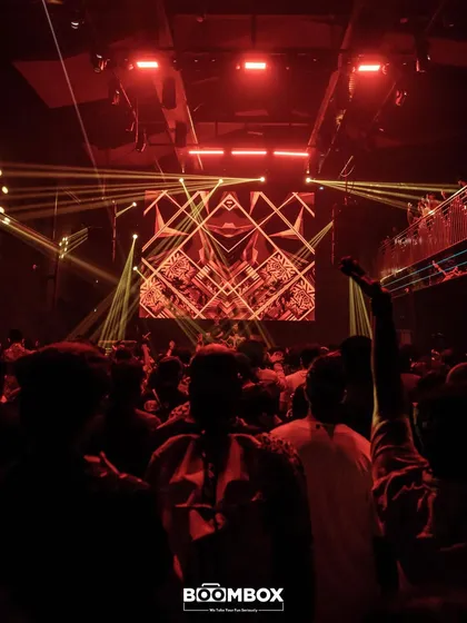 The packed dance floor at F Superclub, with the crowd completely lost in the music and the visuals.