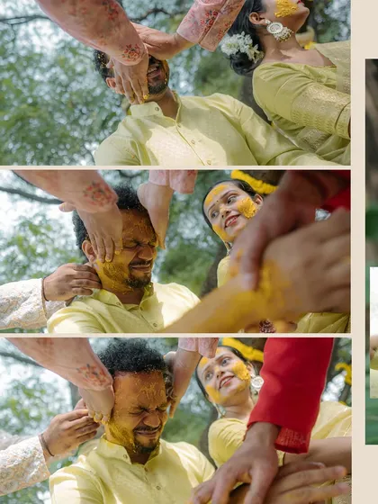 A collage showing the process of applying Haldi. The expressions on the groom's face as his friends and family playfully smear him with turmeric are priceless.