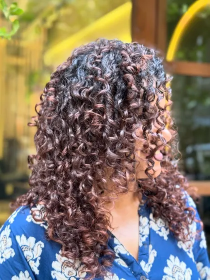 A collection of my other no-bleach balayage and color work, showcasing a variety of tones from subtle browns to vibrant reds on different curl types.